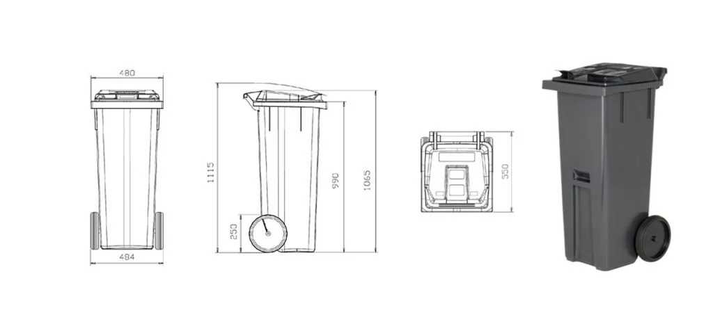 Picture showing targeted sketches and photo of 140-liter waste bin