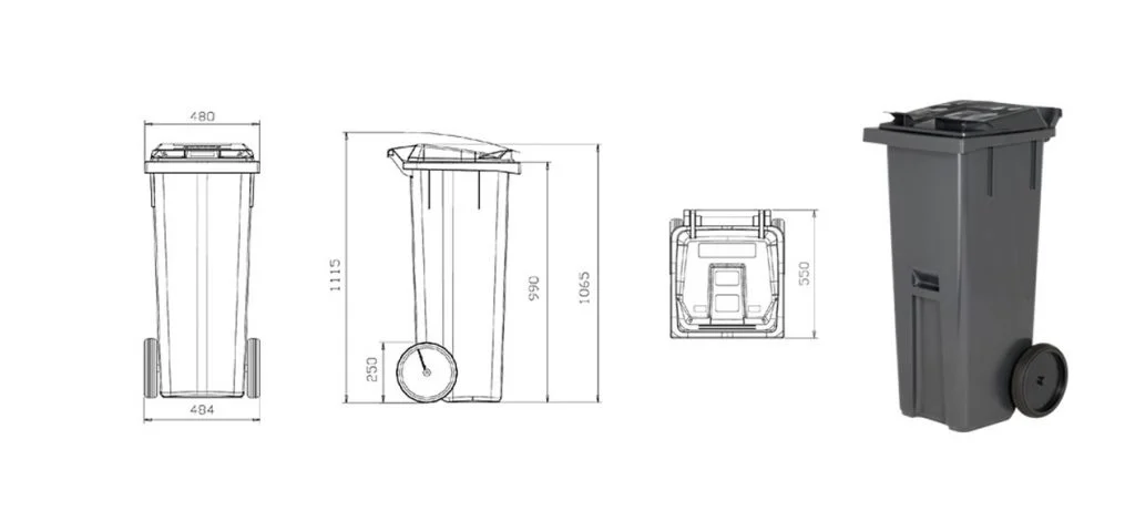 Image montrant des croquis ciblés et une photo d'une poubelle de 140 litres