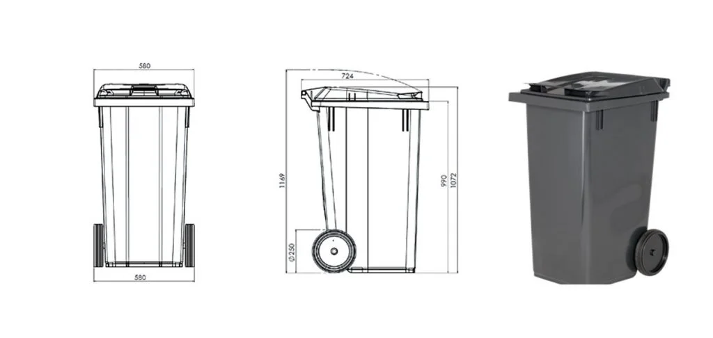 Picture showing targeted sketches and photo of 240-liter waste bin