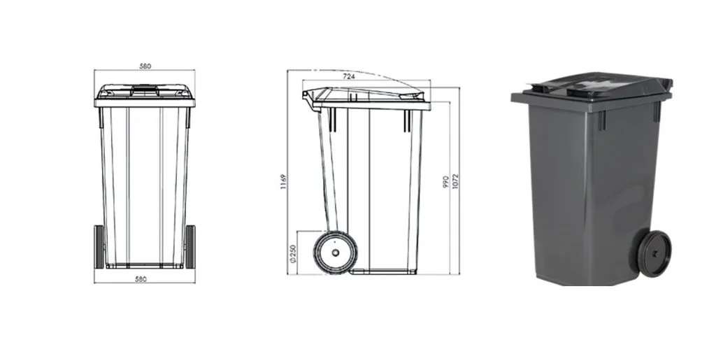 Afbeelding met gerichte schetsen en foto van een afvalbak van 240 liter