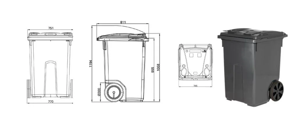 Picture showing targeted sketches and photo of 370-liter waste bin