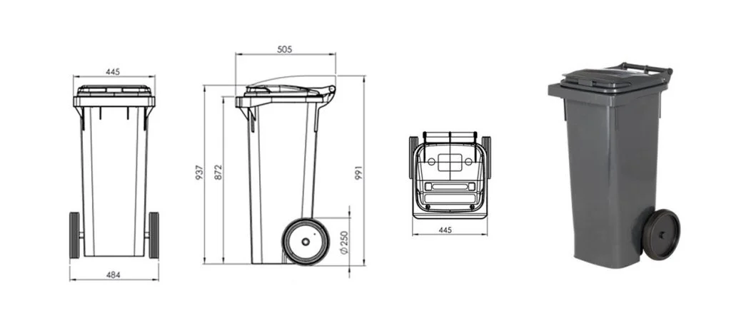 Image montrant des croquis ciblés et une photo d'une poubelle de 80 litres