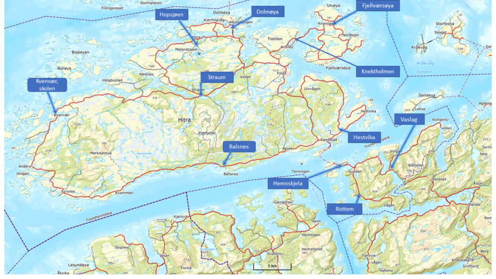 Oversikt over alle returpunktene for hytter- og fritidsboliger på Hitra.